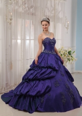 Purple Sweetheart Court Train Quinceanera Gowns with Appliques and Pick-ups