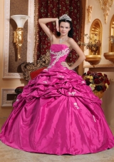 2014 Hot Pink Ball Gown Strapless Quinceanera Dress with Taffeta Appliques