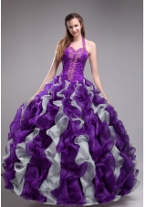 Beautiful Purple Ball Gown Halter Applqiues and Ruffles Quinceanera Dress