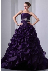 Dark Purple A-line Strapless Brush Train Beading and Ruching Quinceanea Dress