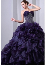Dark Purple Princess Sweetheart Beading and Ruffles Quinceanea Dress