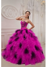 Hot Pink and Black Ball Gown Sweetheart Quinceanera Dress with Beading Ruching