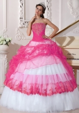 Hot Pink and White Ball Gown Strapless Long Appliques Quinceanera Dress