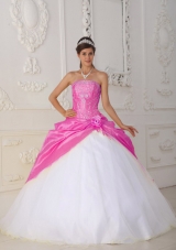 Hot Pink and White Ball Gown Strapless Quinceanera Dress with Taffeta Appliques Hand Flower
