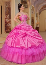 Hot Pink Ball Gown One Shoulder Quinceanera Dress with Taffeta