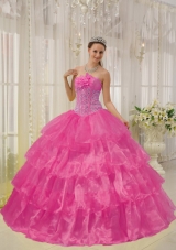 Hot Pink Ball Gown Strapless Quinceanera Dress with Taffeta Organza Beading