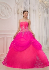 Hot Pink Ball Gown Strapless Quinceanera Dress with Taffeta Tulle Appliques