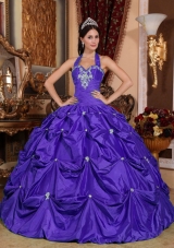 Purple Ball Gown Halter Top Appliques and Pick-ups Quinceanera Dress