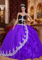 Purple Ball Gown Halter Top Appliques Dresses For a Quince with Ruffles