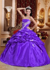 Purple Ball Gown Strapless Quinceanera Dress with Appliques and Pick-ups