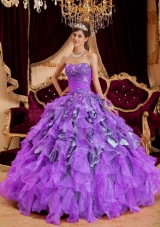 Purple Sweetheart Beading Leopard Organza Quinceanera Gown Dresses with Ruffles