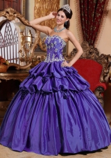 Purple Sweetheart Taffeta Quinceanera Gowns with Appliques and Pick-ups