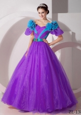 A-line V-neck Floor-length Organza Hand Made Flowers Prom Dress