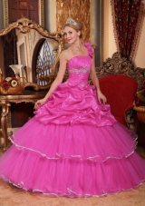 Hot Pink Ball Gown One Shoulder Quinceanera Dress with Organza Beading Pick-ups