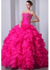 Coral Red Princess Sweetheart Quinceanea Dress with Organza Beading and Ruffles