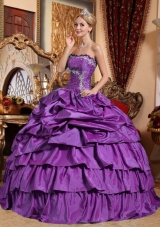 Eggplant Purple Strapless Appliques and Pick-ups Sweet 15 Dresses with Ruffled Layers