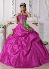 Fuchsia Ball Gown Strapless Quinceanera Dress with Taffeta Beading Hand Made Flowers