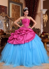 Hot Pink and Blue Ball Gown Strapless Quinceanera Dress with Appliques Beading