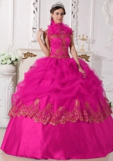 Hot Pink Ball Gown Halter Quinceanera Dress with Taffeta Beading Appliques