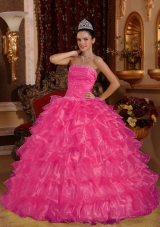 Hot Pink Ball Gown Strapless Quinceanera Dresses with Organza Beading