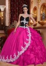 Hot Pink Ball Gown V-neck Quinceanera Dress with Taffeta Organza Appliques