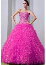 Hot Pink Princess Sweetheart Brush Train Quinceanea Dress with Organza Beading Ruffles