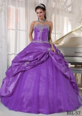 Purple Strapless Appliques Quinceanera Gowns with Pick-ups