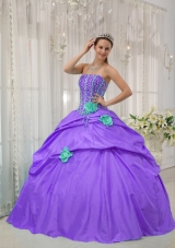 Purple Strapless Beading and Hand Made Flowers Modest Quinceanera Dress