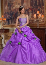 Purple Strapless Beading and Pick-ups Quinceanera Dress with 3D Flower