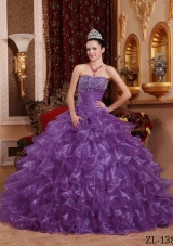 Purple Strapless Organza Quinceanera Gowns with Beading and Ruffles