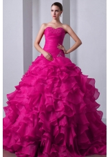 Fuchsia Princess Sweetheart Brush Train Quinceanea Dress with Organza Beading Ruffles