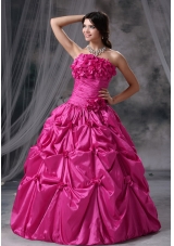 2014 Hot Pink Strapless Quinceanera Dress with Hand Made Flowers Pick-ups Ruching
