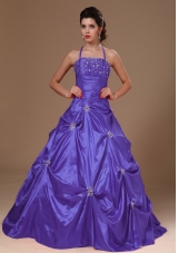 A-line Purple Halter Top Quinceanera Dress with Pick-ups and Beading