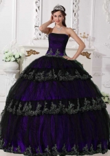 Discount Purple Ruffled Layers Strapless Appliques Quinceanera Dress