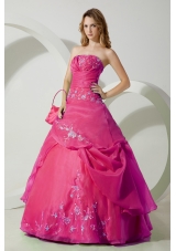 Hot Pink Ball Gown Strapless Quinceanera Dress with Chiffon Embroidery