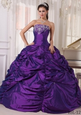 Purple Strapless Taffeta Quinceanera Gowns with Embroidery