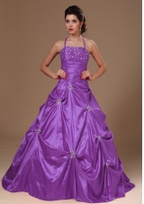 Pick-ups Halter Princess Taffeta Purple Sweet 16 Dresses For Custom Made