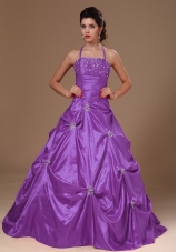 Pick-ups Halter Princess Taffeta Purple Sweet 16 Dresses For Custom Made