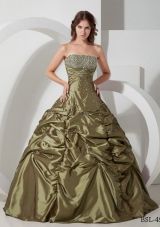 Discount Strapless Taffeta Olive Green Quinceanera Dresses with Beading