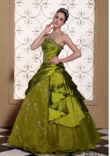 Modest Strapless Embroidery Decorate Olive Green Quinceanera Dress