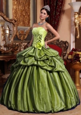 Olive Green Ball Gown Strapless Hand Made Flower Sweet 16 Dresses with Pick-ups