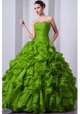 Olive Green Princess Sweetheart Organza Sweet 16 Dresses with Beading and Rufffles