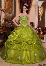 Olive Green Strapless Organza Appliques Sweet Sixteen Dresses