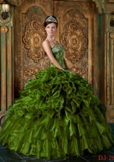 Olive Green Strapless Organza Sweet 16 Dresses with Appliques and Ruffles