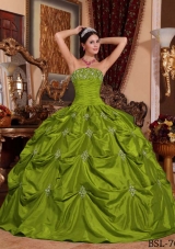Olive Green Strapless Taffeta Appliques Sweet 16 Dresses with Pick-ups
