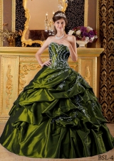 Olive Green Sweetheart Appliques Sweet Sixteen Dresses with Pick-ups