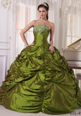 Elegant Olive Green Strapless Embroidery Dresses For a Quinceanera
