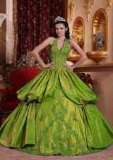 Olive Green Halter Appliques and Pick-ups Dress For Quinceaneras