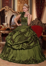 Olive Green One Shoulder Beading and Pick-ups Dress For Quinceanera