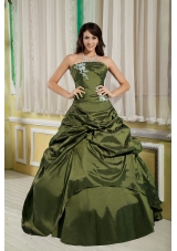 Olive Green Princess Strapless Taffeta Appliques Sweet 16 Dresses with Pick-ups